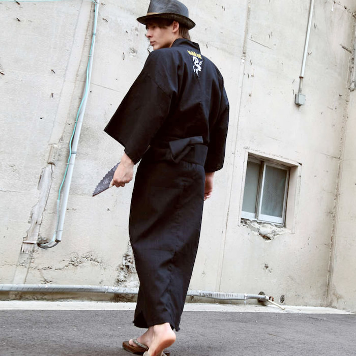Japanese Men's Traditional YUKATA Summer KIMONO Obi Sandal Set JAPAN C-17  Black